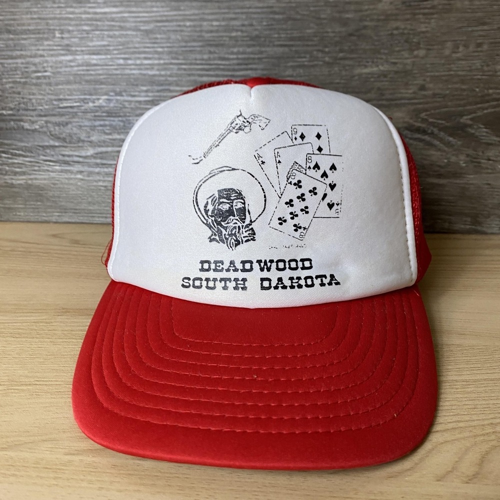 Vintage Deadwood South Dakota Hat Cap Snap Back Red White Mesh Trucker Mens 80s